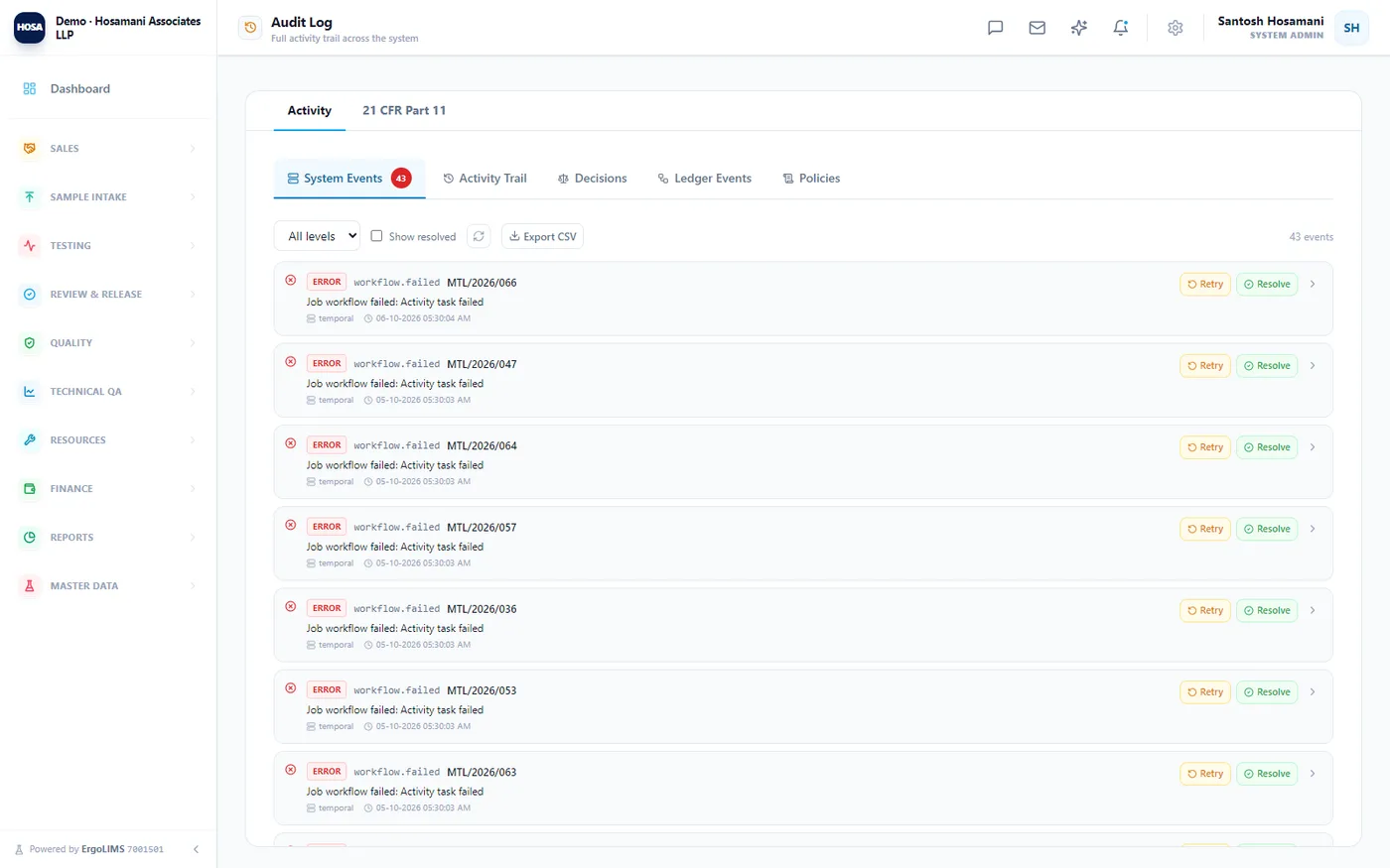 Every action, with who and when — The activity trail — here 1,141 entries — filterable, exportable, and written by database triggers rather than by application code.