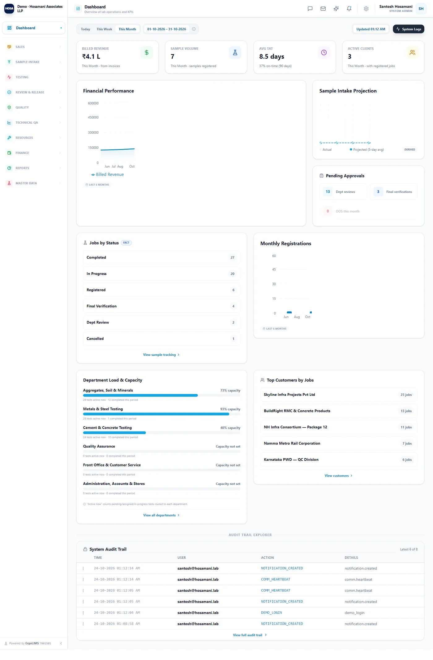 The full ErgoLIMS lab manager dashboard: samples in lab, jobs due today, SLA breaches, the workflow pipeline by stage, daily throughput, team workload by analyst, department capacity, turnaround against target, an instrument watchlist, financial risk panels, the decision ledger and the system audit trail