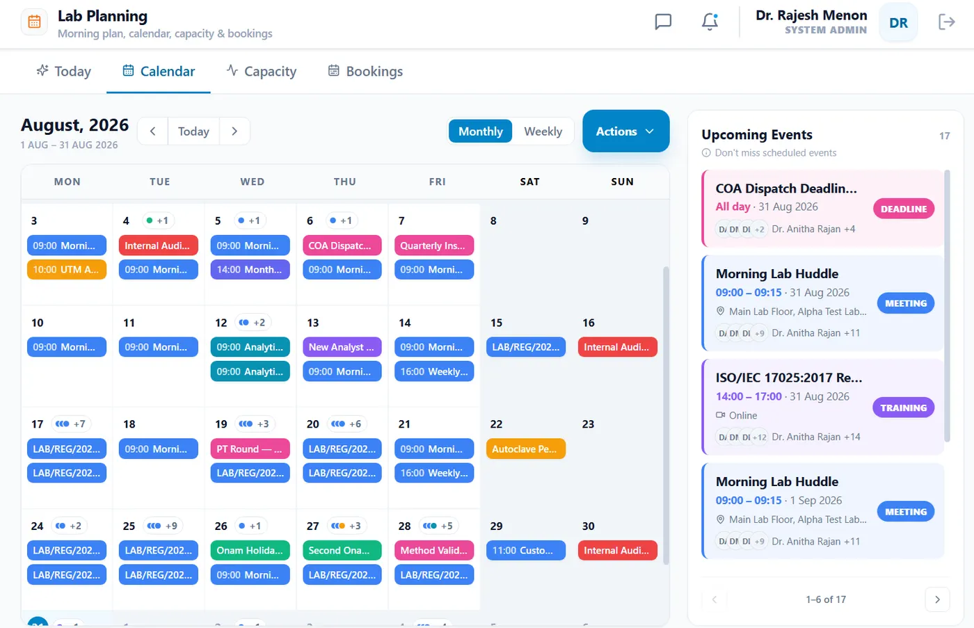 The lab calendar — jobs, calibrations and events