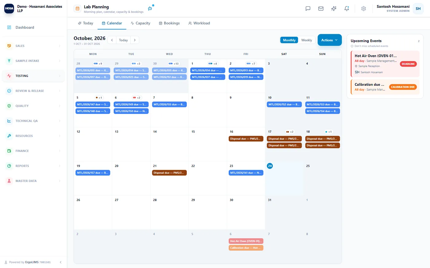 The lab calendar — jobs, calibrations and events