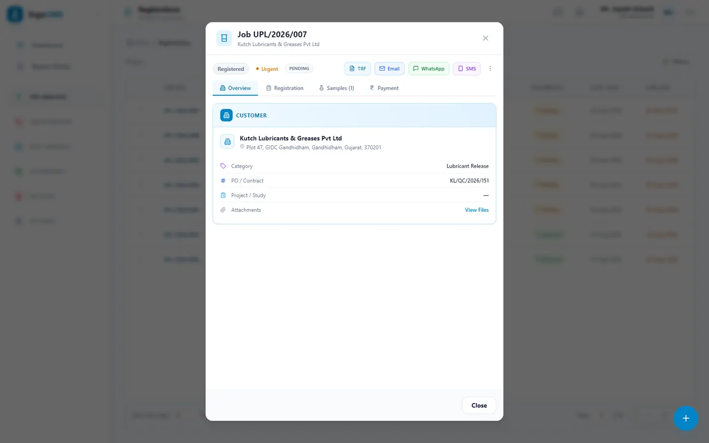 Overview — The customer, their category, PO reference and attachments — with TRF, email, WhatsApp and SMS on the record itself.