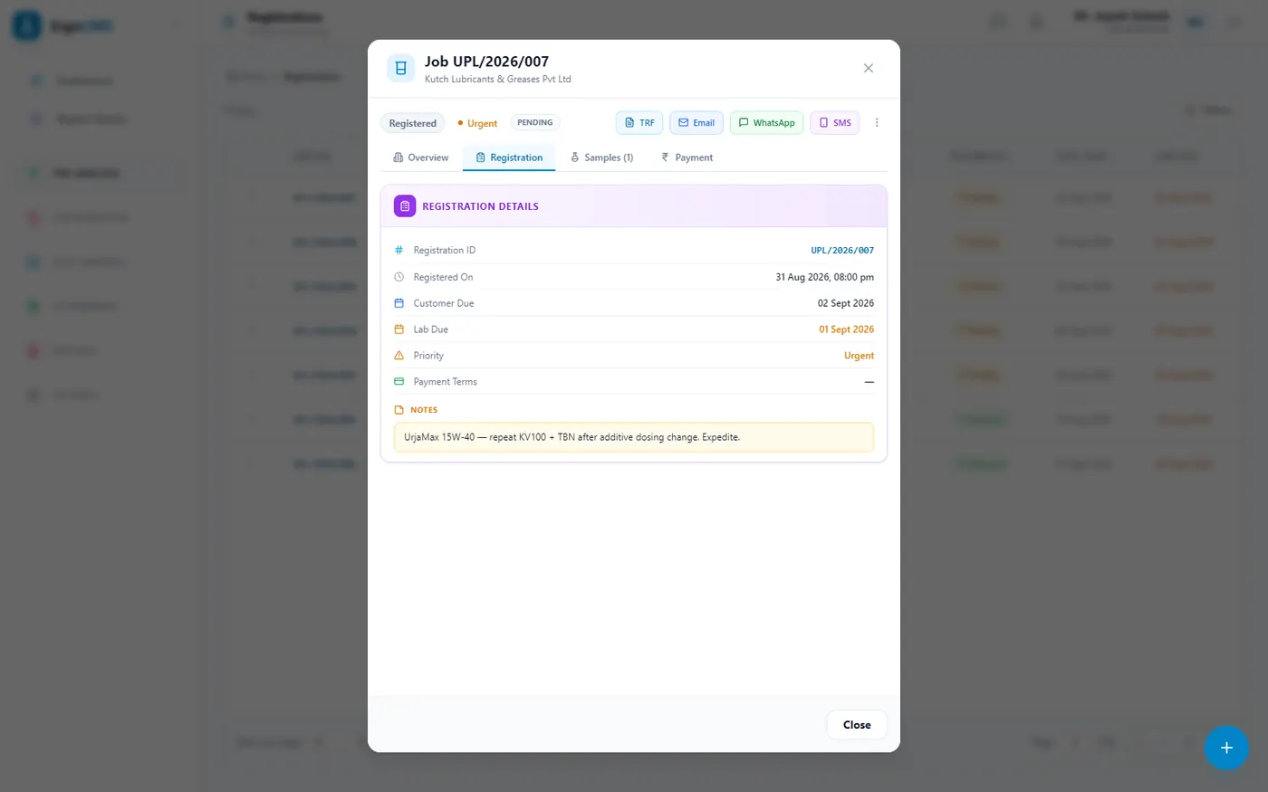 Registration — Registration id, when it was registered, both due dates, priority and the handling notes the analyst needs.