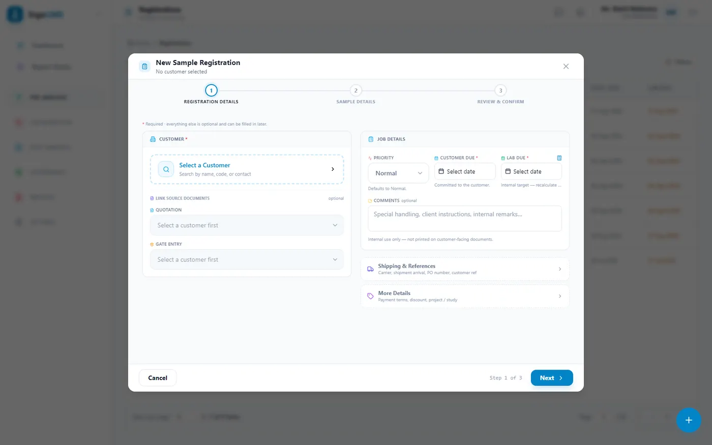Sample in the field — The registration form — three steps, with the customer-committed date and the internal lab target kept as separate fields.