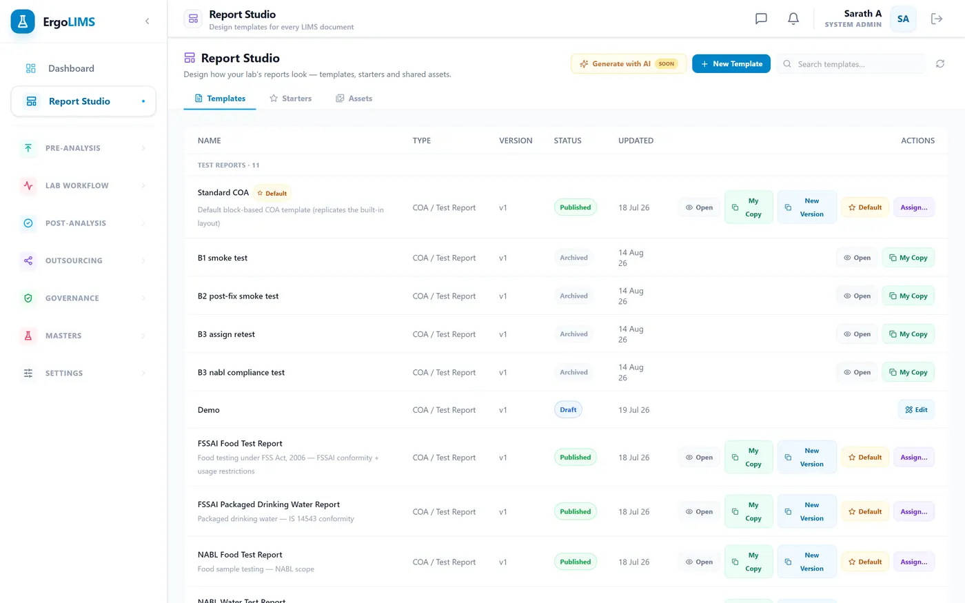 The certificate, designed by your lab — Templates per document type and per customer, versioned with published, draft and archived states. NABL and FSSAI layouts among them.