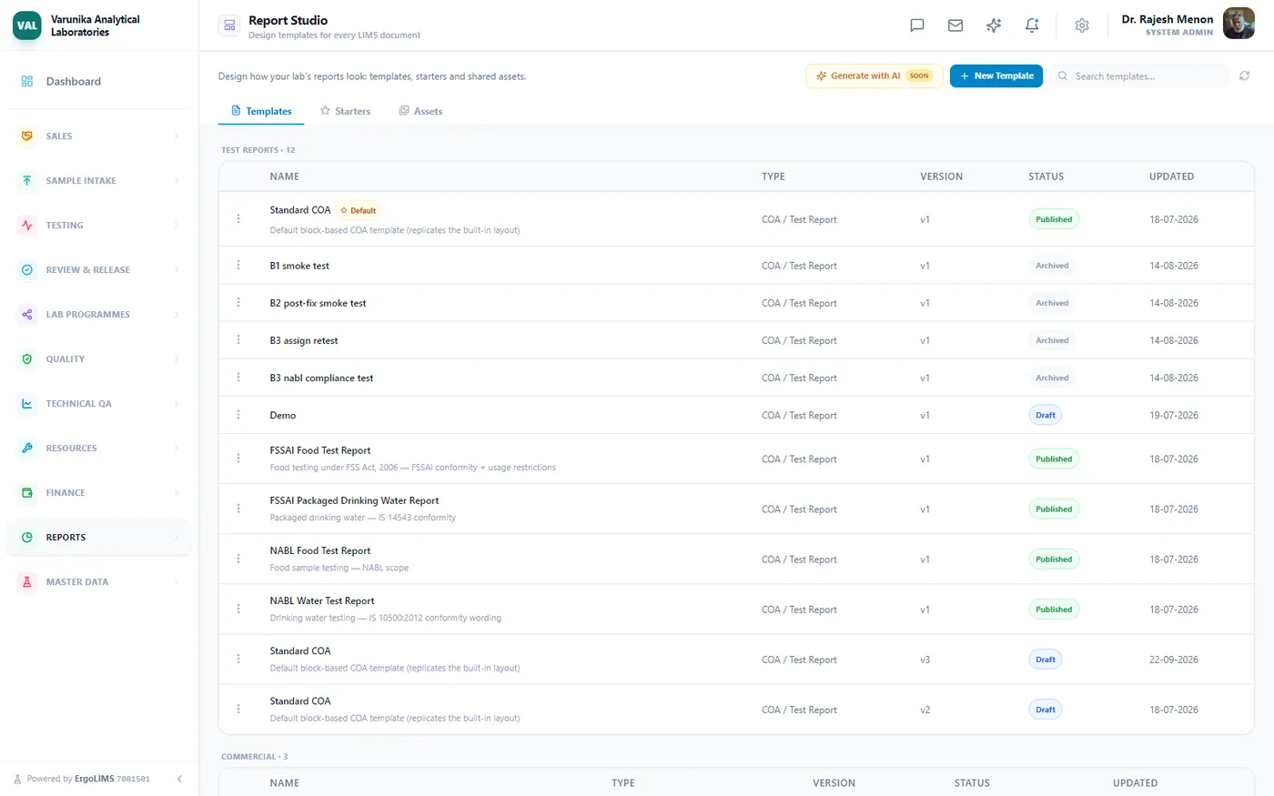 The certificate, designed by your lab — Templates per document type and per customer, versioned with published, draft and archived states. NABL and FSSAI layouts among them.